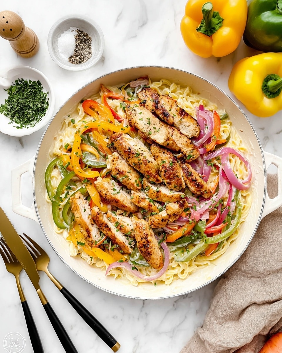 A white pan filled with creamy pasta as the bottom layer, light yellow and smooth in texture, topped with sautéed slices of red, yellow, and green bell peppers along with thin rings of cooked red onion in the middle layer. On top, there are several pieces of golden-brown grilled chicken strips scattered evenly, garnished with small bits of chopped green herbs. The pan rests on a white marbled surface with nearby items including a white plate with three black and gold forks, a small bowl of green herbs, salt and pepper shakers, and whole yellow and green bell peppers in the background. photo taken with an iphone --ar 4:5 --v 7