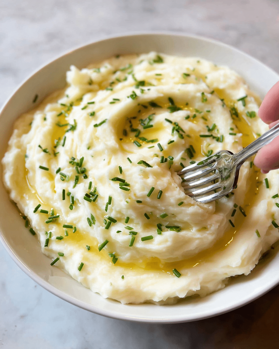 A close-up of a white bowl filled with creamy mashed potatoes as the main layer, smooth with soft peaks and swirls. On top, melted butter creates shiny pools in small grooves, and finely chopped green chives are scattered evenly over the surface, adding texture and color contrast. A woman's hand holding a fork is pressed lightly into the mashed potatoes, creating extra ridges and making the creamy texture more visible. The bowl is placed on a white marbled surface. photo taken with an iphone --ar 4:5 --v 7