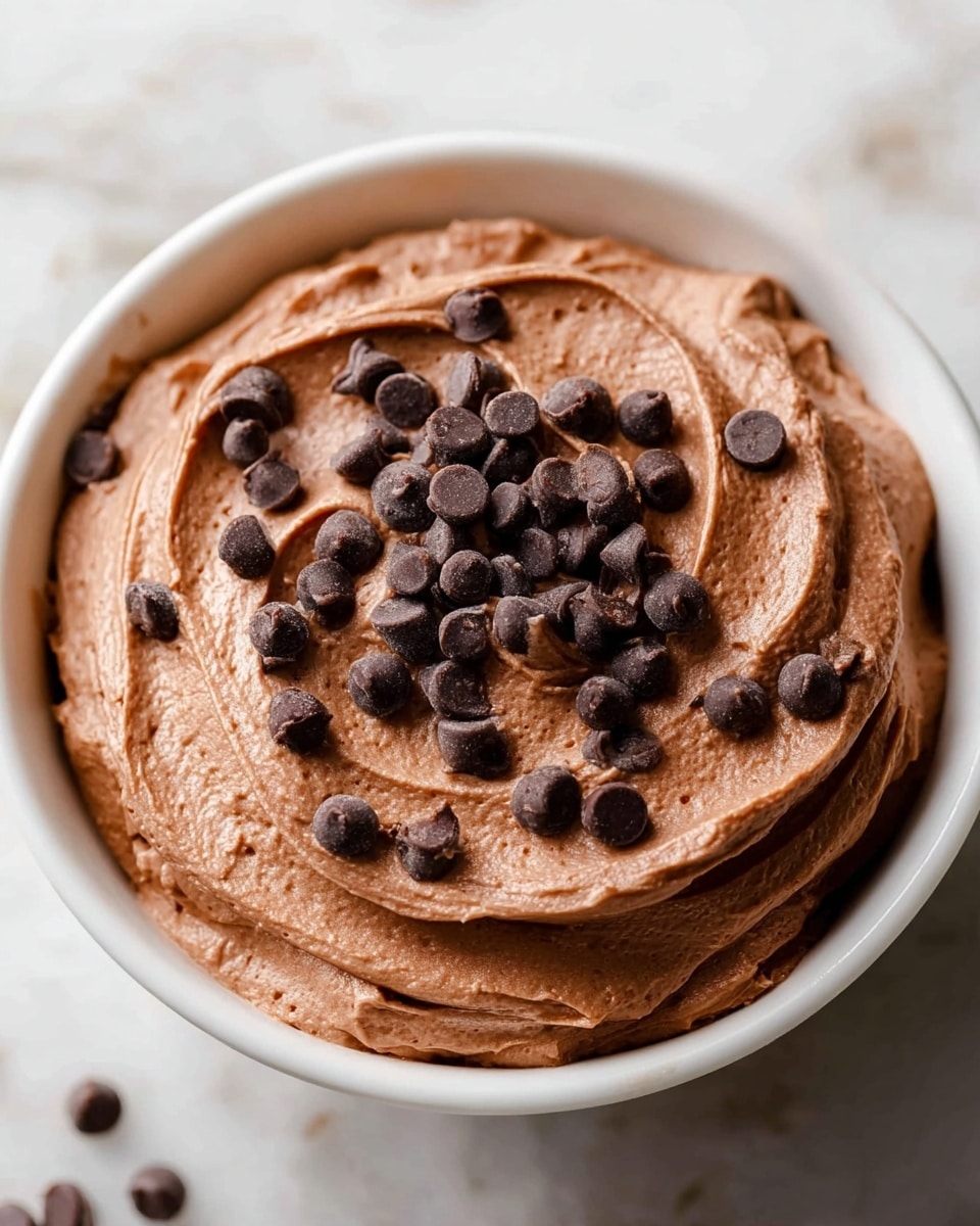 The image shows a close-up of a white bowl filled with creamy chocolate frosting that has a smooth and soft texture with swirled patterns. On top of the frosting, there are many small, dark chocolate chips scattered evenly, adding a bit of rough texture and contrast to the smooth brown layer underneath. The background is a white marbled texture, providing a clean and bright setting that makes the chocolate frosting stand out. Photo taken with an iphone --ar 4:5 --v 7
