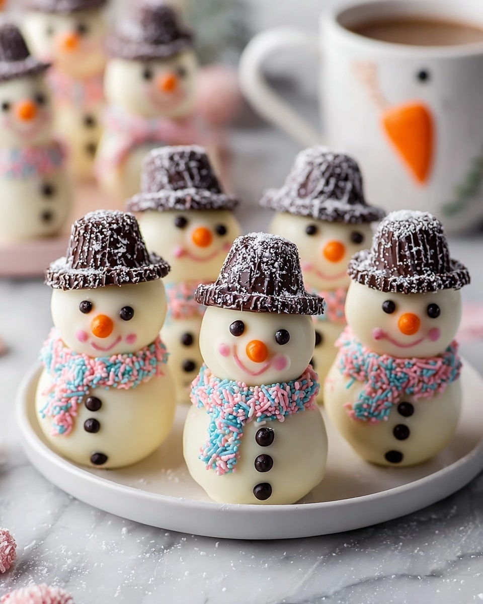 A group of small snowman-shaped treats arranged on a round white plate set on a white marbled surface. Each snowman has two stacked white chocolate-covered spheres forming the body and head, decorated with black eyes and buttons, an orange carrot-shaped nose, and a smiling mouth. They are topped with dark chocolate textured hats with a touch of white powder dusting. Around their necks is a collar made of pink, white, and blue sprinkles. The background is softly blurred with more treats and a white mug featuring an orange beak design. Photo taken with an iphone --ar 4:5 --v 7