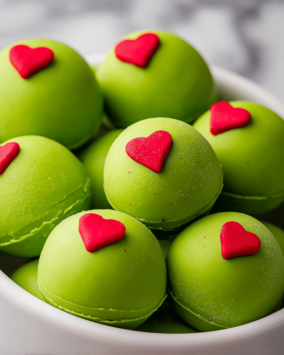 The image shows a white bowl filled with eight smooth, round green balls. Each ball has a bright green outer layer with a shiny texture and is decorated on top with a small, glossy red heart shape. The balls are close to each other, showing slight lines and small imperfections on the green coating. The background has a white marbled texture that highlights the colors of the balls. Photo taken with an iphone --ar 4:5 --v 7