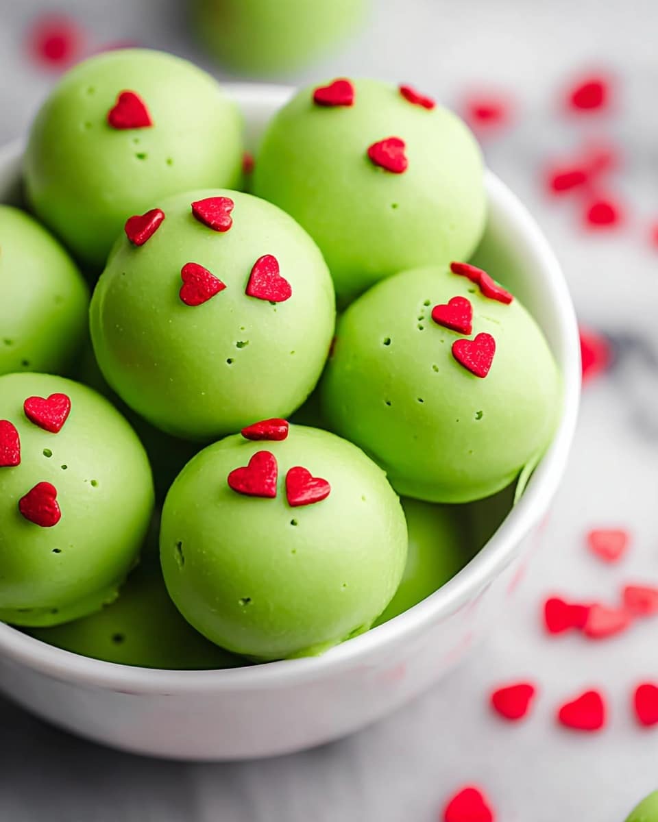 A close-up view of a white bowl filled with smooth, round, green dessert balls, each topped with small red heart-shaped sprinkles. The green coating on each ball is shiny and even, with a few tiny holes on some surfaces, giving a delicate texture. The bowl is shown against a white marbled surface, and scattered red heart-shaped sprinkles can be seen blurred in the background. The overall look is bright and playful with a clean and fresh presentation. photo taken with an iphone --ar 4:5 --v 7
