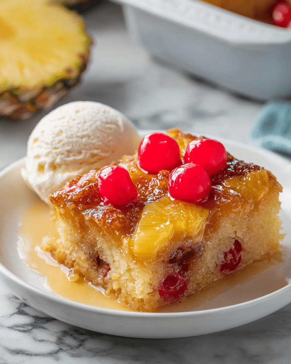 A white plate holds one square piece of pineapple upside-down cake with a shiny golden-brown caramelized top layer visible with chunks of bright yellow pineapple and brown caramel spots. Inside the cake, there are bits of red cherries surrounded by a moist, light yellow sponge layer. On top of the cake, several glossy red cherries sit as decoration. Next to the cake on the plate is a round scoop of creamy white vanilla ice cream. The plate is set on a white marbled surface with blurred background objects including part of a pineapple and another dish. Photo taken with an iphone --ar 4:5 --v 7