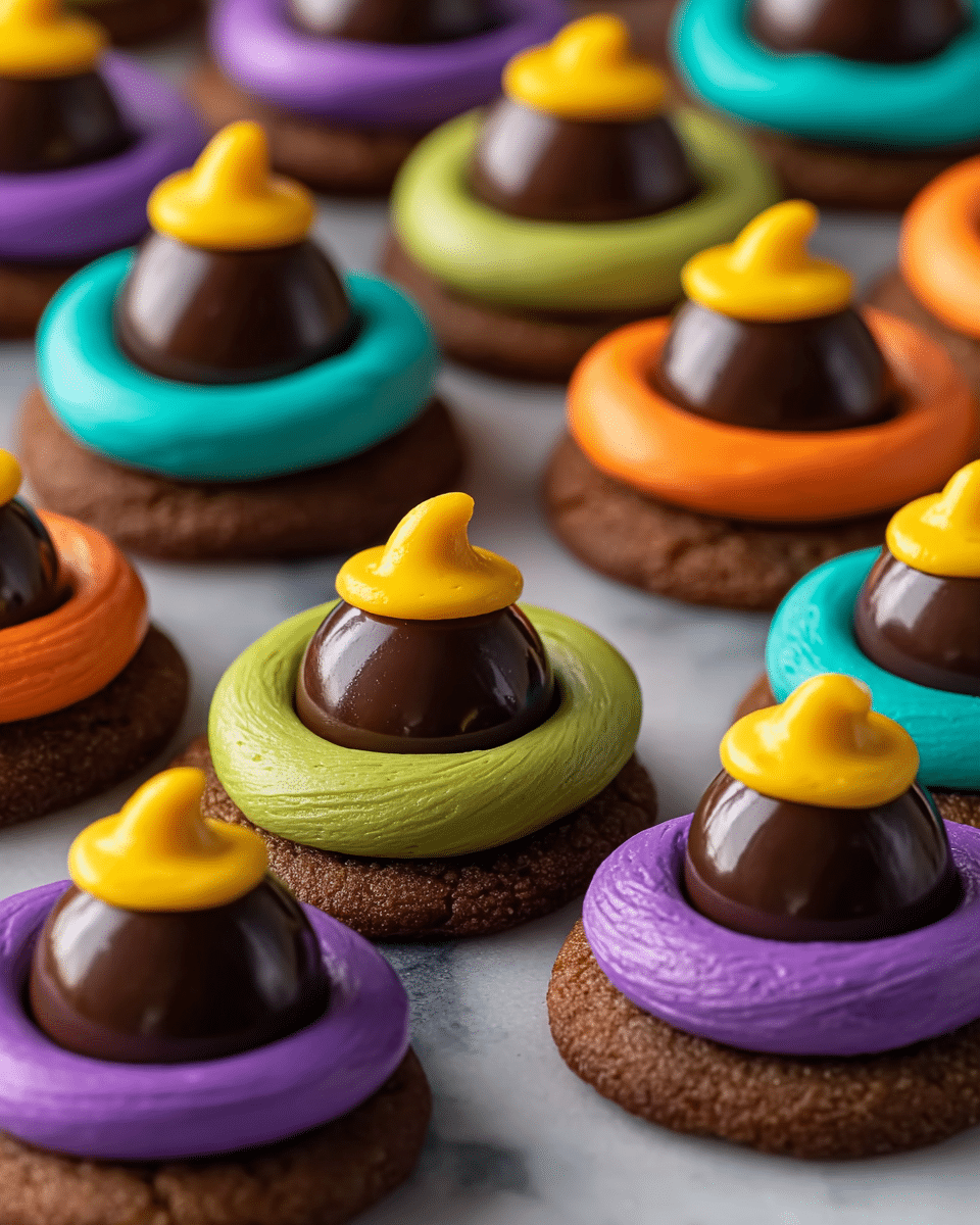 The image shows multiple small round cookies with a rich brown color as the base layer. On top of each cookie is a thick ring of smooth frosting in bright colors like purple, orange, green, and teal. Each frosting ring surrounds a shiny, dark brown chocolate dome placed in the center. At the very top of each dome is a small bright yellow decoration shaped like a witch's hat, adding a playful touch. The cookies are arranged closely on a flat surface with a white marbled texture. photo taken with an iphone --ar 4:5 --v 7