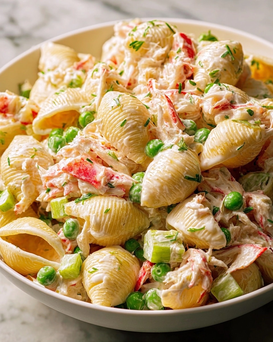 The image shows a close-up of a white bowl filled with a creamy pasta salad. The dish has thick shell-shaped pasta that is pale yellow in color, coated evenly with a creamy white sauce. Mixed in the pasta are small bright green peas, chunks of light green celery, thin red strips of bell pepper, and shredded white and red imitation crab meat with green herbs sprinkled throughout, adding a fresh touch. The textures range from smooth creaminess to the slight crunch of vegetables. The white bowl sits on a white marbled surface, emphasizing the colorful mix inside. Photo taken with an iphone --ar 4:5 --v 7