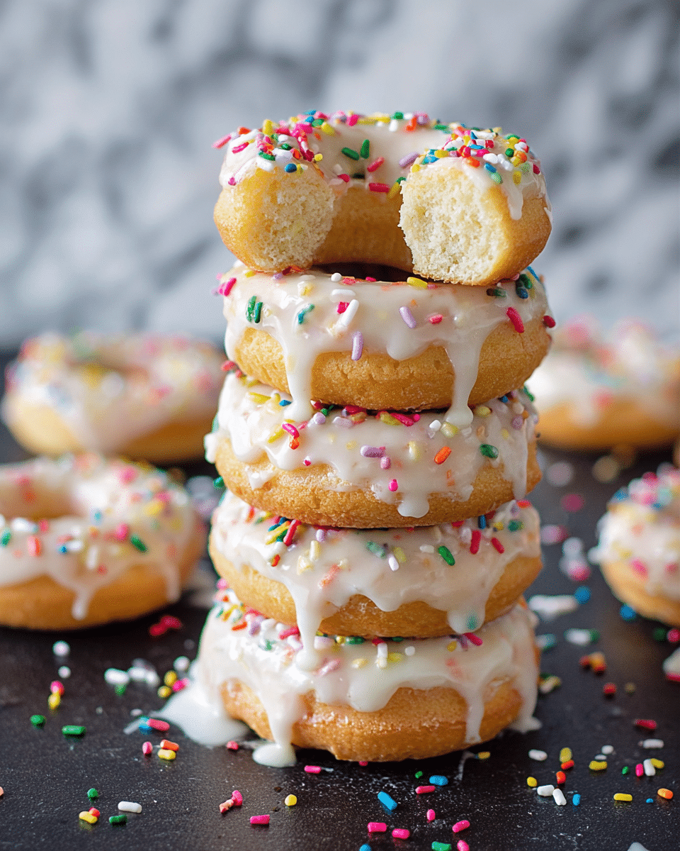 A stack of five light golden-brown doughnuts is shown, each covered with white icing dripping slightly down the sides and topped with colorful round and rod-shaped sprinkles. The top doughnut has a bite taken out of it, showing a soft, fluffy inside with a pale cream color. The doughnuts are placed on a dark surface with scattered sprinkles and some spilled icing around them, and in the blurred background, more similarly iced doughnuts are visible. The image is set against a white marbled texture, giving a clean and bright feel. photo taken with an iphone --ar 4:5 --v 7