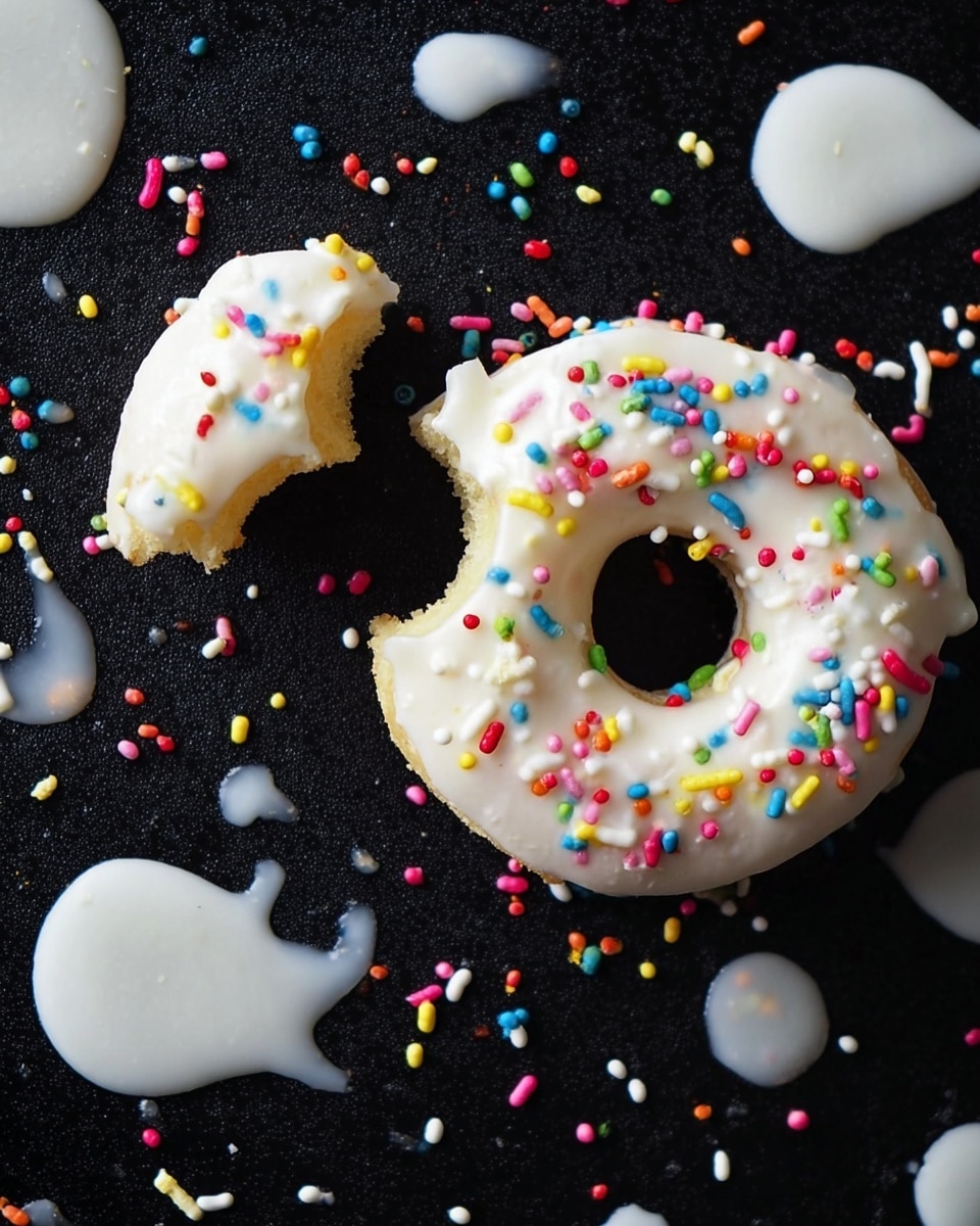 A single donut with a bite taken out of it lies on a black surface. The donut has a light yellowish base covered by a smooth white icing, which is sprinkled with small, colorful round sprinkles in red, blue, yellow, pink, green, and orange. Around the donut are scattered drops and blobs of white icing with some colorful sprinkles stuck to them, along with loose sprinkles spread around randomly on the surface. The black surface contrasts sharply with the bright colors of the donut and sprinkles, making them stand out. photo taken with an iphone --ar 4:5 --v 7