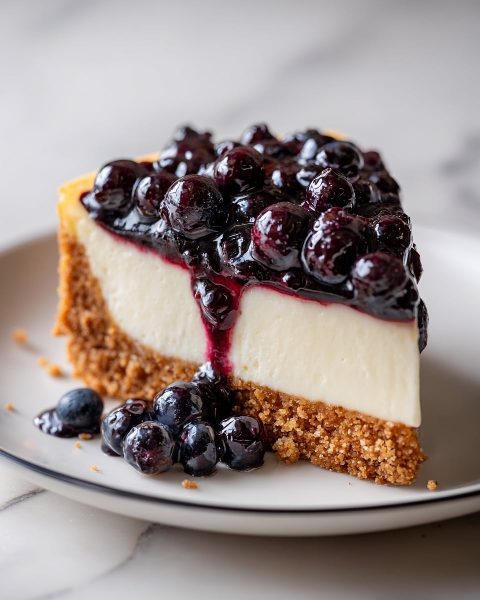 A single slice of cheesecake sits on a white plate with a thin black rim, placed on a white marbled surface. The dessert has three distinct layers: a light brown crumb crust at the bottom textured with small crumbs, a thick creamy off-white middle layer with a smooth and slightly dense texture, and a topping of glossy dark purple blueberry compote mixed with fresh whole blueberries, some of which have spilled onto the plate around the slice. The blueberries are shiny and plump, and the compote adds a wet, slightly sticky look to the top. photo taken with an iphone --ar 4:5 --v 7