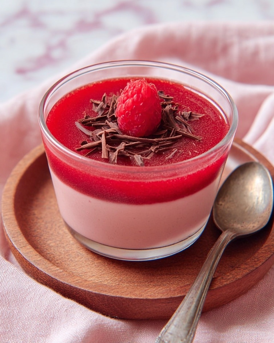 A small glass cup filled with two layers: the bottom layer is a light pink creamy mousse, and the top layer is a thin, bright red raspberry sauce sprinkled with dark chocolate shavings, all topped with a single fresh raspberry. The glass sits on a round wooden plate next to a small vintage silver spoon with a shell-shaped bowl, placed on a soft light pink cloth with frayed edges. Several fresh raspberries and green leaves are scattered on a white marbled textured surface in the background, with more glasses of the same dessert slightly blurred behind. Photo taken with an iphone --ar 4:5 --v 7