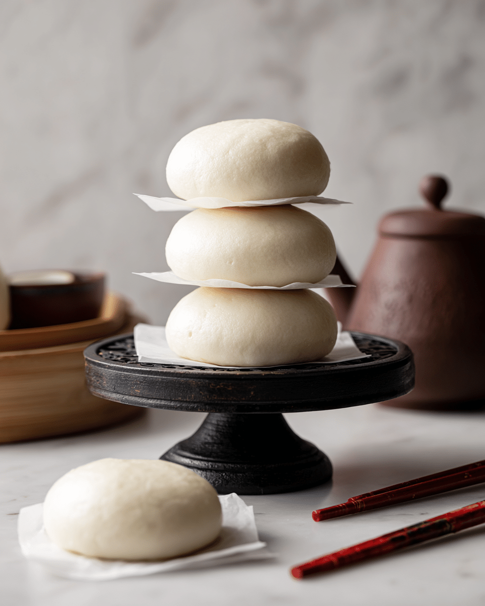 The image shows a stack of three soft, white steamed buns, each separated by a square of white paper, placed on a round black stand with a wide flat top and a round base. In front of the stand, there is one more steamed bun on a small square piece of white paper, resting directly on the white marbled surface. The buns are smooth and round with a slightly shiny texture. In the background, to the right, there is a brown teapot and a pair of red and brown chopsticks laid on the white marbled surface. Photo taken with an iphone --ar 4:5 --v 7