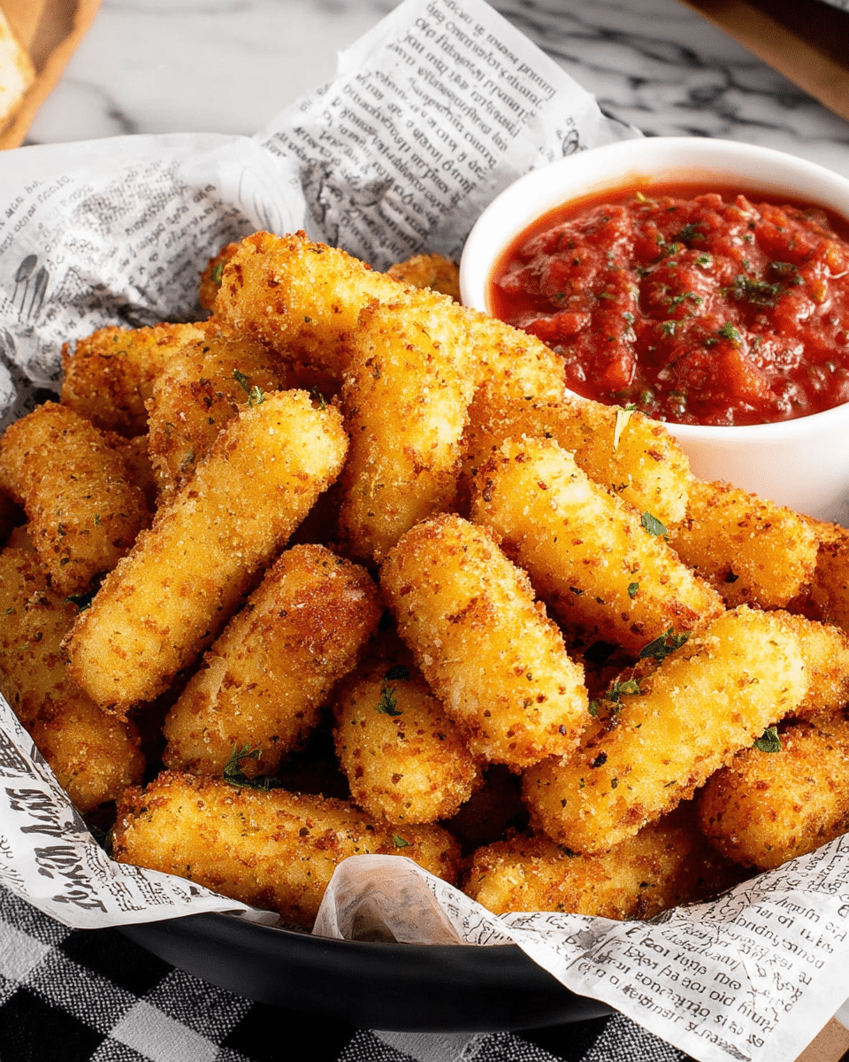 A black bowl lined with newspaper-style paper filled with a pile of golden-brown fried mozzarella sticks, each coated with a crispy breadcrumb layer showing a rough texture, and arranged closely together to form a mound. On the right side of the bowl sits a small white bowl filled with chunky red marinara sauce, showing visible bits of tomato and herbs, creating a vibrant contrast with the mozzarella sticks. The background is a white marbled surface, and underneath the bowl is a black and white checkered cloth partially visible. Photo taken with an iphone --ar 4:5 --v 7