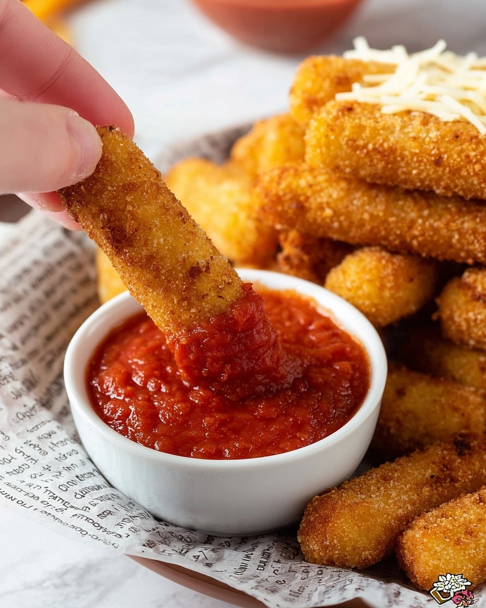 A close-up view shows a woman's hand holding a single golden-brown mozzarella stick, dipping it into a small white bowl filled with bright red chunky marinara sauce. The mozzarella sticks have a crispy, breaded texture and are stacked thickly in the background, resting on a white plate lined with paper that looks like newspaper print. The rich, thick sauce clings to the stick as it is dipped. The scene is set on a white marbled surface, adding a clean and simple background to highlight the warm colors of the food. photo taken with an iphone --ar 4:5 --v 7