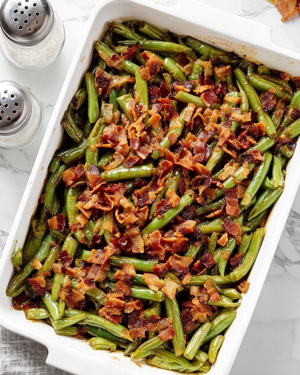 A rectangular white dish filled with cooked green beans as the first layer, showing a soft but firm texture with slightly darkened ends. On top, a crispy layer of small, thin, golden-brown bacon pieces is spread evenly, adding a crunchy texture. The green beans have a glossy look from the cooking juices pooling slightly at the base, contrasting with the rough texture of the bacon pieces. The dish is placed on a white marbled surface with salt and pepper shakers visible at the top left. photo taken with an iphone --ar 4:5 --v 7