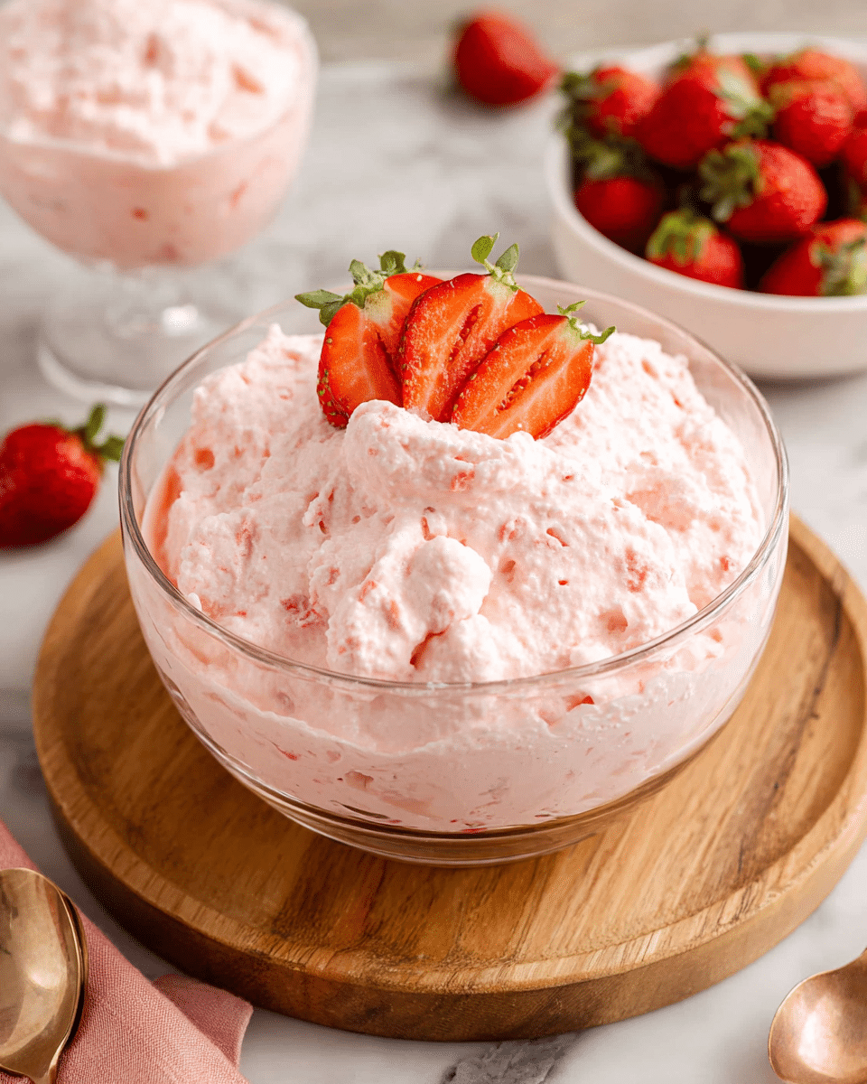 The image shows a large clear glass bowl filled with a light pink, fluffy dessert that looks creamy and slightly chunky. The dessert has a smooth, soft texture with small, visible bits mixed inside. On the top center, a fresh strawberry is sliced thinly and fanned out as decoration with green leaves still attached. The bowl rests on a light brown wooden board, placed on a white marbled surface. To the side, a white bowl is filled with bright red strawberries with green tops. There is also a glass dessert cup in the background containing the same pink fluffy dessert. photo taken with an iphone --ar 4:5 --v 7