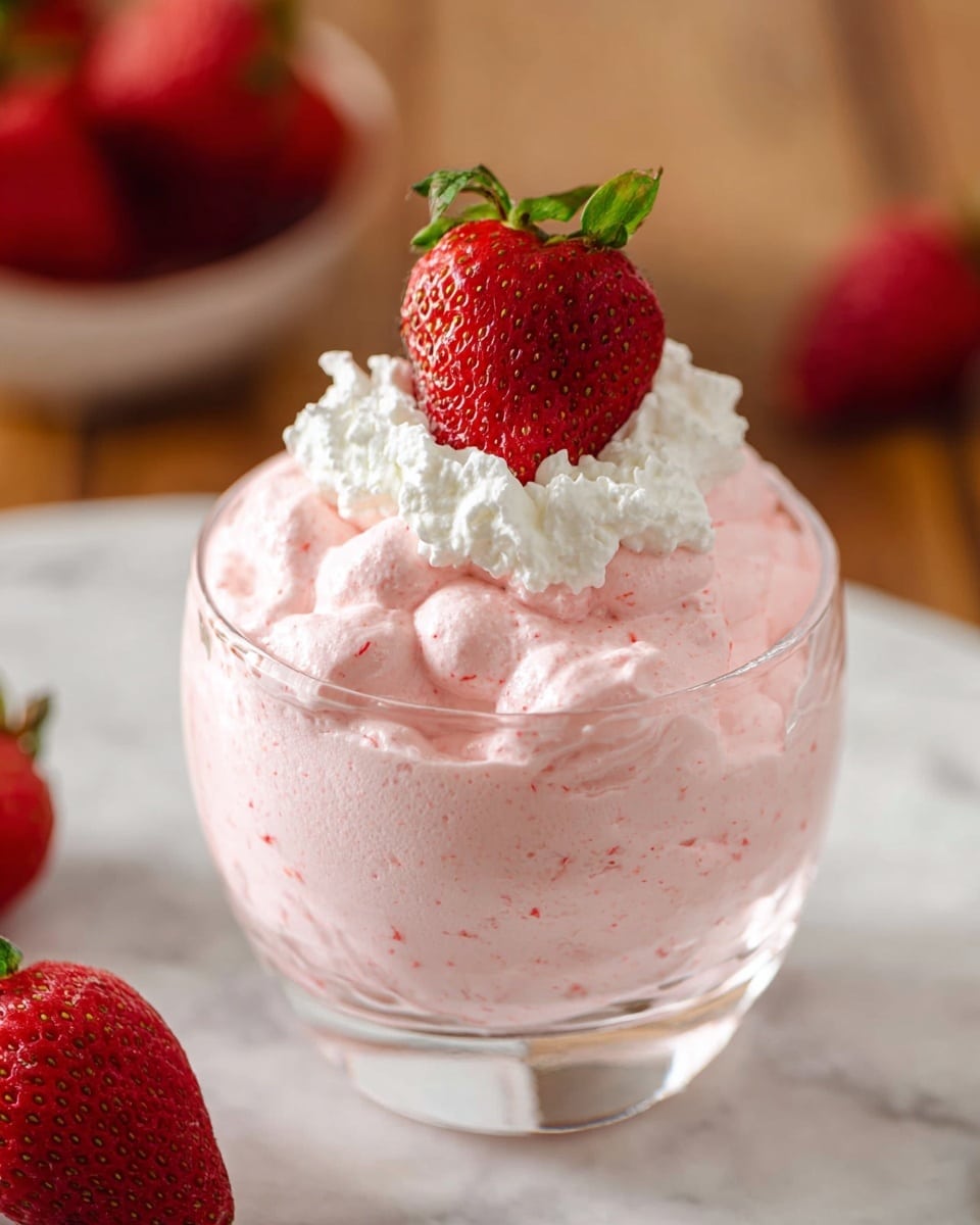 A clear glass dessert cup holds a fluffy pink mousse with small red specks, filling almost to the top with a rounded, puffed texture. On the mousse sits a small ring of white whipped cream, soft and slightly textured, which forms a nest for a bright, glossy red strawberry with green leaves, placed upright in the center. The dessert cup stands on a white marbled surface with a blurred wooden background where whole strawberries are seen in soft focus. photo taken with an iphone --ar 4:5 --v 7