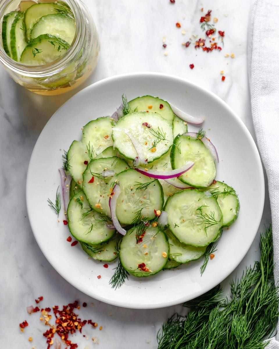 A white plate holds a fresh cucumber salad with about two layers of cucumber slices in light green, each layered unevenly. Between the slices are thin, curved strips of pale purple onion. Small, bright green dill sprigs are scattered on top, along with tiny red chili flakes and light brown mustard seeds adding texture. The plate rests on a white marbled surface with fresh dill bunches to the right and scattered red chili flakes nearby. At the top left, there is a clear glass jar showing pickled cucumber slices and onion in pale yellowish brine. photo taken with an iphone --ar 4:5 --v 7