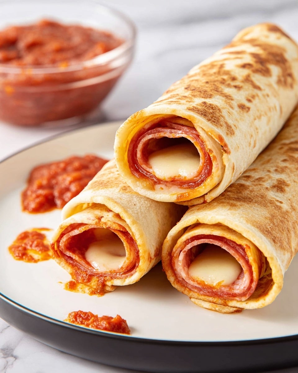 The image shows three golden-brown rolled wraps lying close together on a white plate with a black rim, placed on a white marbled surface. Each wrap has visible layers: a light toasted outer tortilla, inside which there is a bright red sauce spread evenly, thin circular slices of reddish-brown meat, and pieces of melted white cheese peeking out slightly from the center. In the background, there is a clear glass bowl filled with chunky red sauce, and a small bit of the sauce is spilled decoratively on the plate in front of the wraps. The photo taken with an iphone --ar 4:5 --v 7