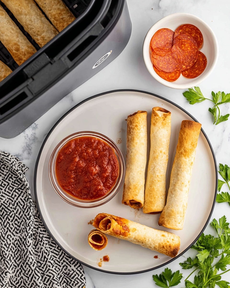 The image shows four golden brown rolled taquitos placed on a white plate with a thin black rim; one taquito is dipped halfway into a small clear glass bowl filled with thick red salsa positioned near the center of the plate, with some salsa spilled near it. Next to the bowl are two taquitos cut in half, revealing a spiral of melted cheese and pepperoni inside. A small white bowl containing four pepperoni slices is placed above the plate on a white marbled texture. To the right of the plate, fresh green parsley leaves lay scattered, adding a fresh contrast. Part of a black air fryer with three more taquitos inside is visible in the upper left corner, and a black-and-white zigzag cloth lies partially visible at the bottom left. Photo taken with an iphone --ar 4:5 --v 7