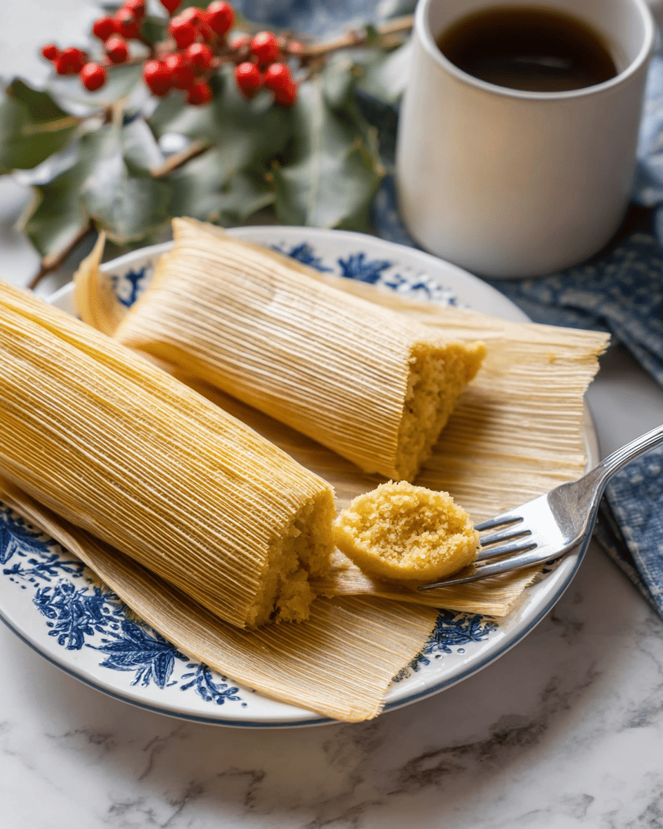 The image shows two tamales resting on outer dried corn husks placed on a white plate with blue patterns around the edge. One tamale is fully wrapped in a corn husk, light tan with ribbed texture, while the other is unwrapped, revealing a golden yellow, soft, and crumbly masa inside. A silver fork holds a round piece of the unwrapped tamale near the center, showing its moist, textured inside. In the background, there is a white cup filled with a dark liquid and some green foliage with red berries adding color contrast. The entire setup is on a white marbled surface. photo taken with an iphone --ar 4:5 --v 7