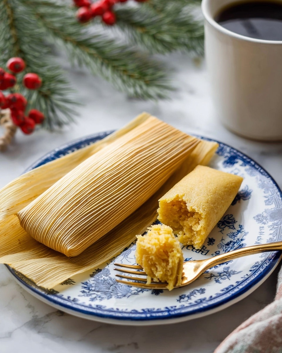 Two tamales sit on a white plate with blue floral designs, placed on a white marbled surface. One tamale is fully wrapped in a light brown corn husk, lying on the bottom left of the plate. The other tamale is unwrapped, revealing a smooth, golden-yellow dough with a moist texture; this tamale has a bite taken from one end. A fork holds a small piece of the golden-yellow dough close to the tamale. In the background, blurred green pine branches with red berries add a festive touch, and a white mug filled with a dark beverage is seen on the right side. photo taken with an iphone --ar 4:5 --v 7