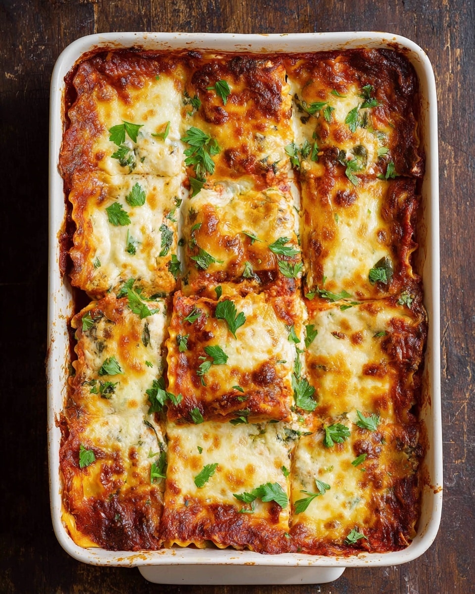 A white baking dish filled with a baked lasagna, cut into nine square pieces, each topped with melted golden brown cheese that has some light bubbling and slight browning at the edges. Below the cheese, there are visible layers of red tomato sauce and hints of creamy white sauce mixed with green herbs. Some edges show darker, crispy spots. The top is scattered with fresh green parsley leaves for garnish. The dish is set on a dark brown, rustic wooden surface. photo taken with an iphone --ar 4:5 --v 7