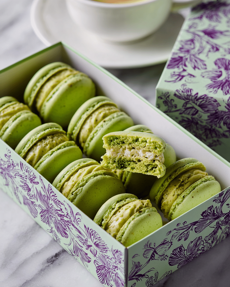 A box of green macarons arranged neatly inside a decorative light green box with purple floral patterns, each macaron having two smooth green outer shells and a lighter green creamy filling layer in the middle, with one macaron broken in half to show its soft, crumbly texture and thick filling inside, all placed on a white marbled surface with a white cup of coffee partially visible on the side. photo taken with an iphone --ar 4:5 --v 7