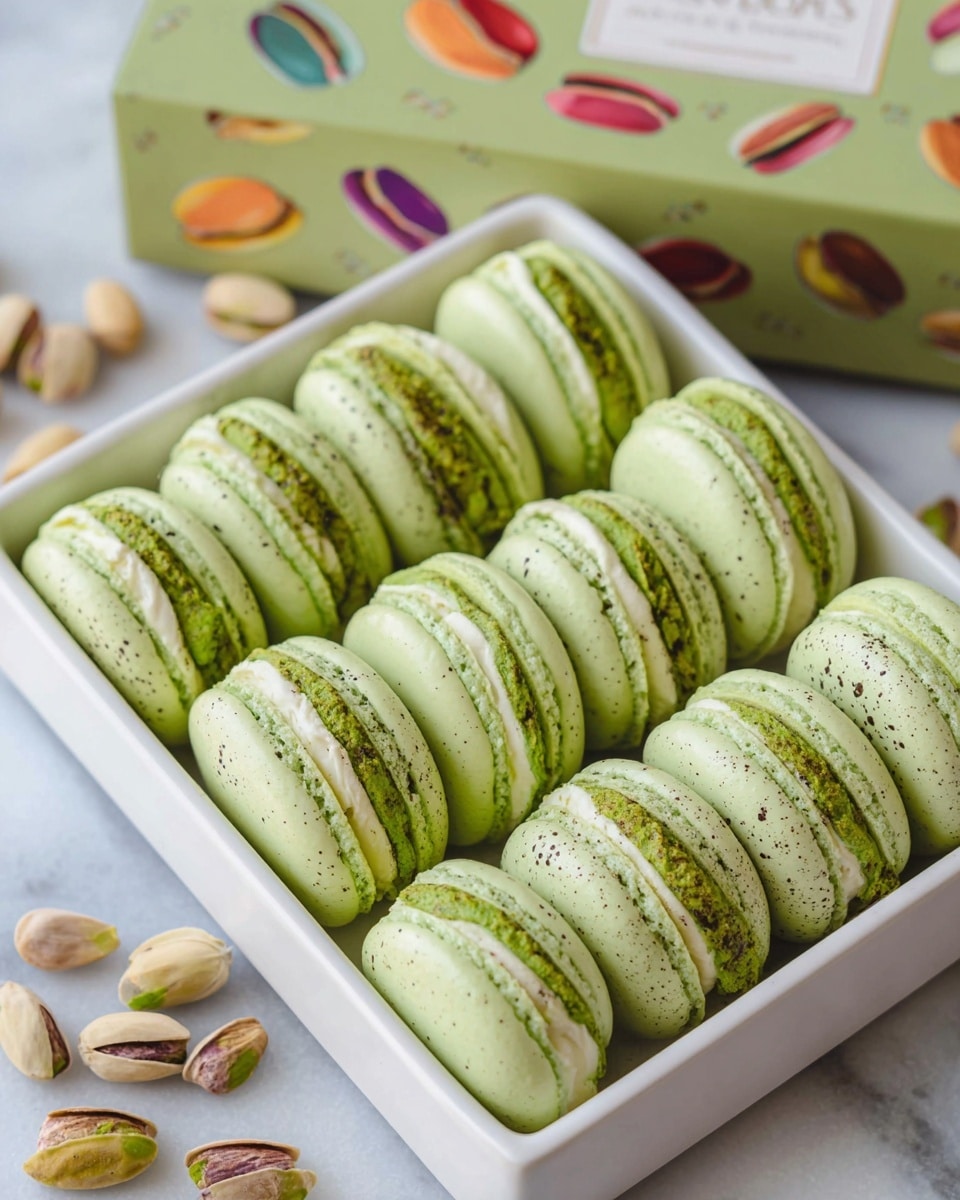 The image shows a white tray holding twelve light green macarons arranged in three rows. Each macaron has two slightly speckled pale green shells with a smooth light green creamy filling sandwiched between them. The shells have a slightly rough edge texture where they meet the filling. The tray sits on a white marbled surface, with some scattered whole and split pistachio nuts nearby. In the background, there is a box with colorful macaron illustrations and text that is out of focus. photo taken with an iphone --ar 4:5 --v 7