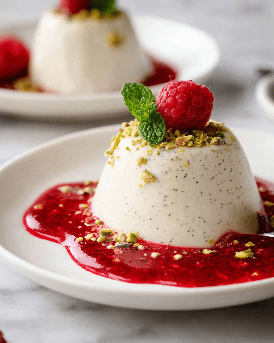 The image shows a smooth, creamy white panna cotta dessert shaped like a small dome with tiny black vanilla specks inside. A bright red raspberry sauce drips down the sides, pooling slightly on the white plate beneath. On top, there is a single fresh raspberry, a small green mint leaf, and a sprinkling of crushed green pistachios that add texture and color contrast. In the background, there is another panna cotta on a similar white plate, slightly out of focus, sitting on a white marbled surface. Photo taken with an iphone --ar 4:5 --v 7