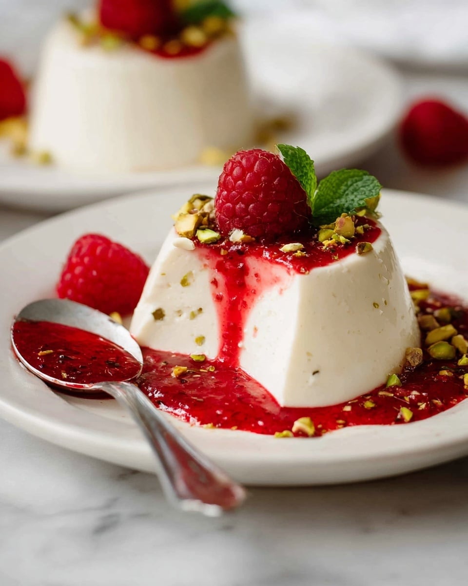 The image shows a creamy white panna cotta dessert served on a white plate, topped with a bright red raspberry sauce that drips down the sides. On top, there is one fresh red raspberry, a small green mint leaf, and chopped pistachios adding texture. Next to the panna cotta, a spoon with some of the red sauce on it rests on the plate. The dessert is set on a white marbled surface. Another similar dessert is blurred in the background. photo taken with an iphone --ar 4:5 --v 7