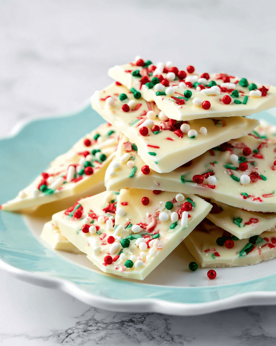 A stack of white chocolate bark pieces with colorful red, green, and white round and rod sprinkles spread evenly on top, arranged loosely on a white plate with a soft blue edge and a scalloped design. The white chocolate pieces are irregularly shaped, with a smooth and glossy texture, layered in a uneven pile creating depth and visible edges. The background is a white marbled texture, giving a clean and bright look to the presentation. photo taken with an iphone --ar 4:5 --v 7