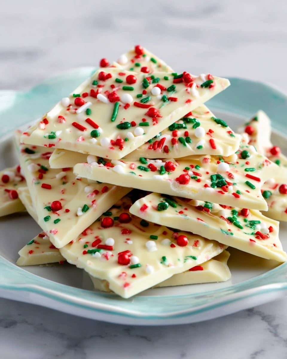 A pile of white chocolate bark is shown stacked irregularly on a white plate with soft blue edges. The bark is broken into large, uneven triangles and features colorful sprinkles scattered on top. The sprinkles are round and rod-shaped in red, green, and white, providing contrast against the smooth, creamy white chocolate surface. The plate sits on a white marbled surface, emphasizing the bright colors of the sprinkles and the pale tone of the chocolate. Photo taken with an iphone --ar 4:5 --v 7