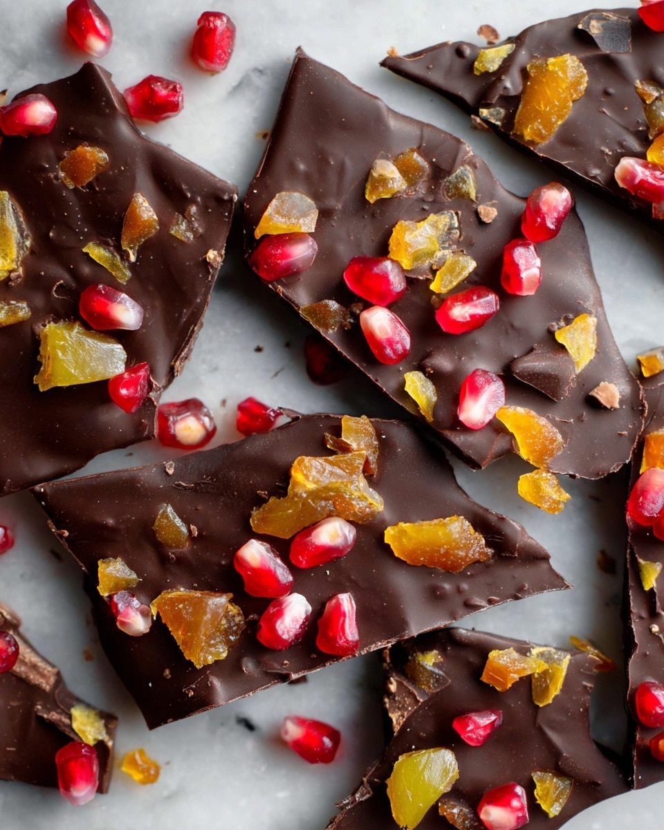 This image shows several pieces of dark chocolate bark spread out on a white marbled surface. The bark is thin and smooth with a slightly shiny texture, colored a deep brown. Scattered on top are small bright red pomegranate seeds and translucent yellow-orange candied fruit pieces, creating a contrast of colors and adding texture. The chocolate pieces are irregularly shaped and broken into small to medium chunks, with some edges appearing jagged. The overall look is rich and colorful with a mix of smooth and bumpy textures. photo taken with an iphone --ar 4:5 --v 7