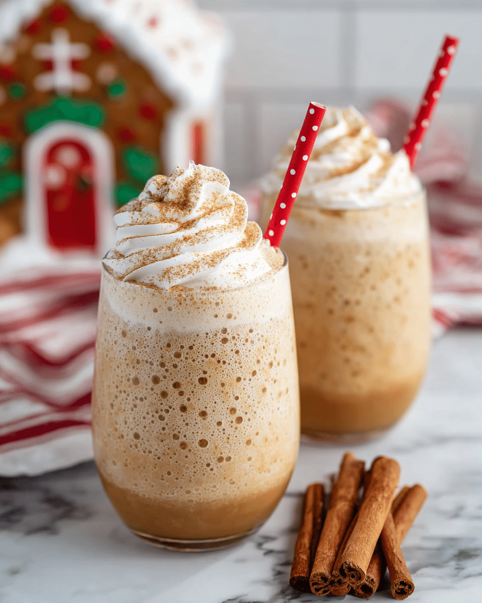 Two clear glass cups filled with a layered drink sit on a white marbled surface. The bottom layer is a smooth, light caramel brown, topped with a thick, frothy, beige layer with small bubbles. On top, there is a swirl of white whipped cream dusted with light brown cinnamon powder. Each drink has a red straw with white polka dots inserted in the whipped cream. In the background, there is a white marbled texture with a blurred festive gingerbread house and a red and white striped cloth. Several cinnamon sticks lie in the foreground on the white marbled surface. photo taken with an iphone --ar 4:5 --v 7