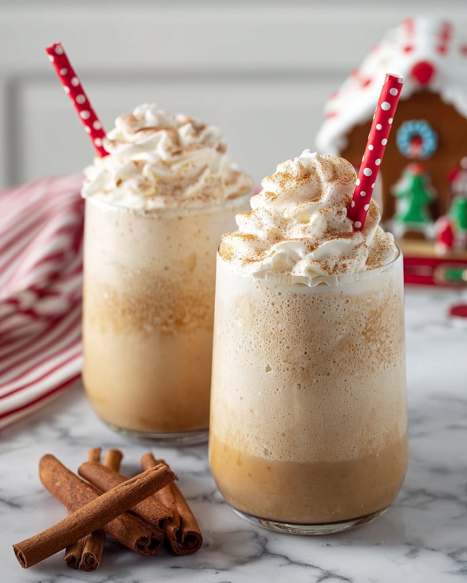 Two clear glasses are filled with a three-layered drink placed on a white marbled surface. The bottom layer is a smooth, light brown liquid, above it is a thick, frothy, pale beige layer with bubbles. The top layer is a swirl of white whipped cream sprinkled lightly with brown cinnamon powder. Each glass has a red straw with white polka dots standing upright from the whipped cream. To the side on the surface are several brown cinnamon sticks. In the soft-focus background, a white and red striped cloth and a small, colorful gingerbread house can be seen. photo taken with an iphone --ar 4:5 --v 7