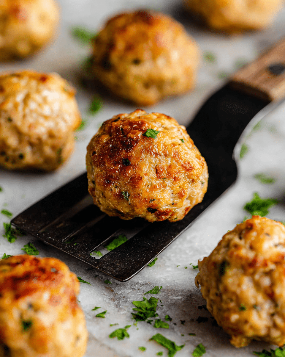 The image shows several small, round golden-brown baked meatballs with a slightly crispy texture and small bits of herbs and seasoning visible on the surface. They are placed on a black metal spatula with one meatball in focus on the spatula, and others scattered around on a white marbled surface with some green herb sprinkles. The meatballs have a warm, appetizing look with an uneven, crumbly texture and light browning on top. Photo taken with an iphone --ar 4:5 --v 7