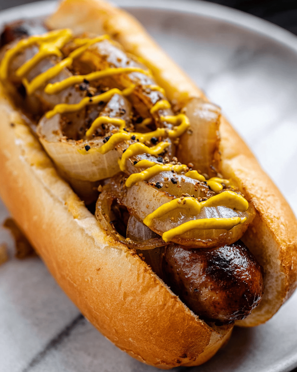 A close-up view of a hot dog in a soft, light golden bun, with a grilled sausage as the first layer. The sausage is topped with soft, cooked onion slices that are slightly translucent and brown. Thin lines of bright yellow mustard are drizzled over the sausage and onions. There are small black pepper pieces sprinkled on top, adding texture. The hot dog is placed on a white plate, with a white marbled surface in the background. photo taken with an iphone --ar 4:5 --v 7