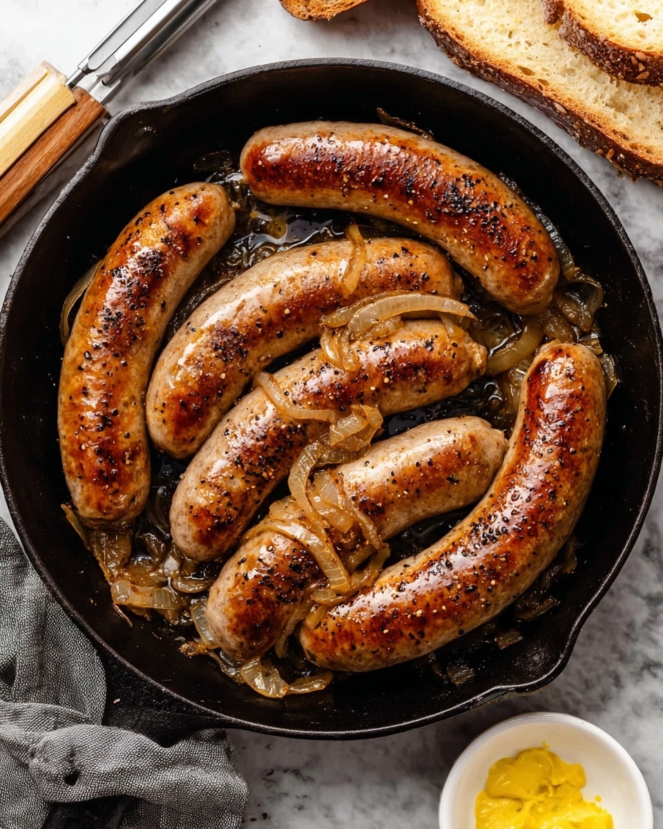 A black cast iron skillet holds six browned sausages arranged in a loose circular pattern, with caramelized onions scattered between and on top of the sausages, all glistening with cooking oil and speckled with black pepper. The sausages have a golden-brown, slightly crispy skin texture with some darker edges. The skillet sits on a white marbled surface, with the edge of a slice of bread visible in the top left corner, metallic tongs with wooden handles resting beside the skillet, and a small white bowl containing yellow mustard near the bottom right. Photo taken with an iphone --ar 4:5 --v 7