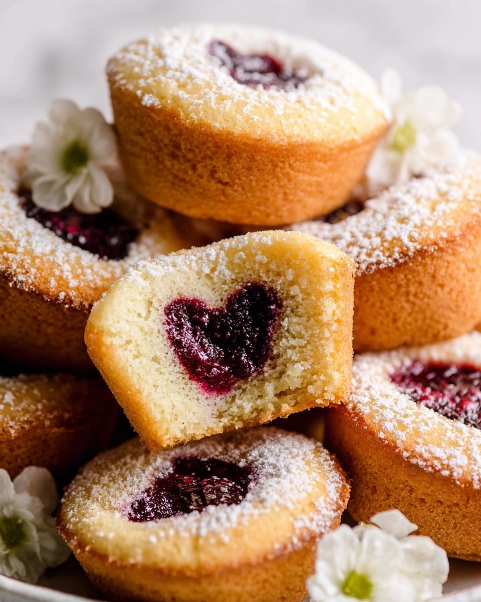 The image shows nine small round muffins arranged on a white marbled surface. Each muffin has a golden-brown top dusted with white powdered sugar. In the center of each muffin is a small pool of jam, with colors varying from deep red to dark purple. Two of the muffins are broken in half, revealing a soft, light yellow cake interior with jam inside. To the left side of the muffins, there is a small cluster of white flowers with green stems. The overall look is soft and fresh with a light and bright setting. photo taken with an iphone --ar 4:5 --v 7