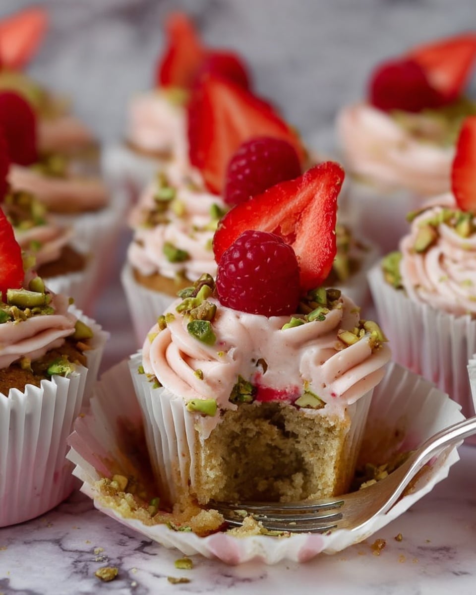 The image shows a close-up of several cupcakes in white lined paper cups on a white marbled surface. Each cupcake has a swirl of light pink frosting on top, sprinkled with crushed green pistachios. They are decorated with a fresh red raspberry and a slice of bright red strawberry standing upright on the frosting. One cupcake in the center is partly unwrapped, revealing a moist golden-brown cake inside with a bite taken out of it. A small silver fork with a woman's hand holding it is pointing towards the bitten cupcake. Photo taken with an iphone --ar 4:5 --v 7