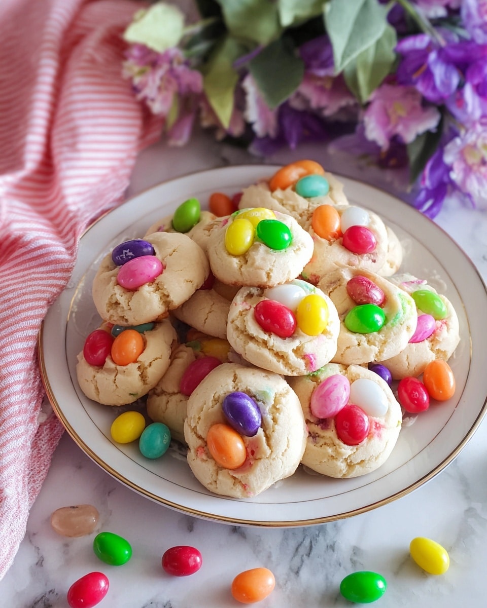 A white plate with a thin gold rim holds a pile of light beige cookies with a crumbly texture, each topped with colorful jelly beans in red, green, yellow, orange, pink, purple, and white. The cookies are rounded and vary slightly in shape, some showing swirled patterns on top. Around the plate and on it, loose jelly beans in bright colors add a playful touch. To the plate's left is a pink and white striped cloth, softly folded, with a few jelly beans resting on it. In the background, there are purple flowers and green leaves, all placed on a white marbled surface. Photo taken with an iphone --ar 4:5 --v 7