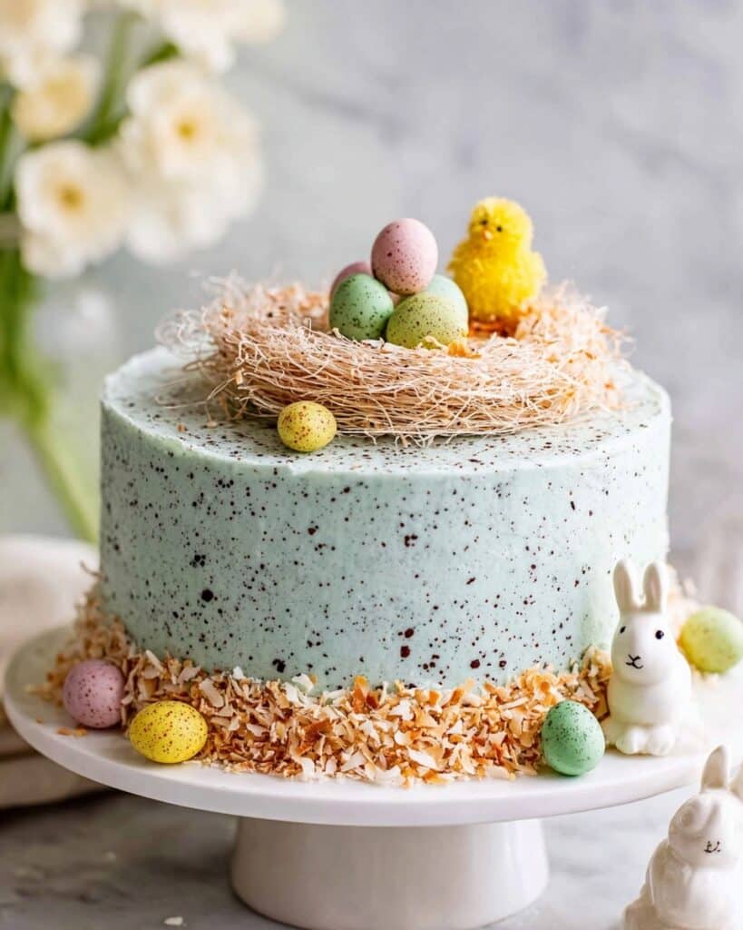 Easter Cake with Fluffy Vanilla Frosting, Cocoa Speckles, and Coconut Nest Recipe