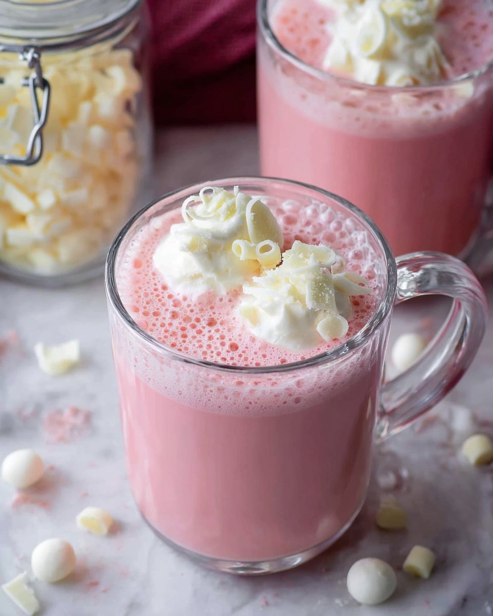 A clear glass mug filled with foamy, light pink hot chocolate sits on a white marbled surface. The hot chocolate has a bubbly texture on top and is crowned with three generous dollops of white whipped cream, each topped with small curls and shavings of white chocolate. Around the mug, white chocolate curls and small white chocolate balls are scattered, adding texture to the scene. In the background, another glass mug with the same drink and a glass jar with a metal clasp containing white chocolate curls are partially visible. The overall setting feels cozy and inviting. photo taken with an iphone --ar 4:5 --v 7