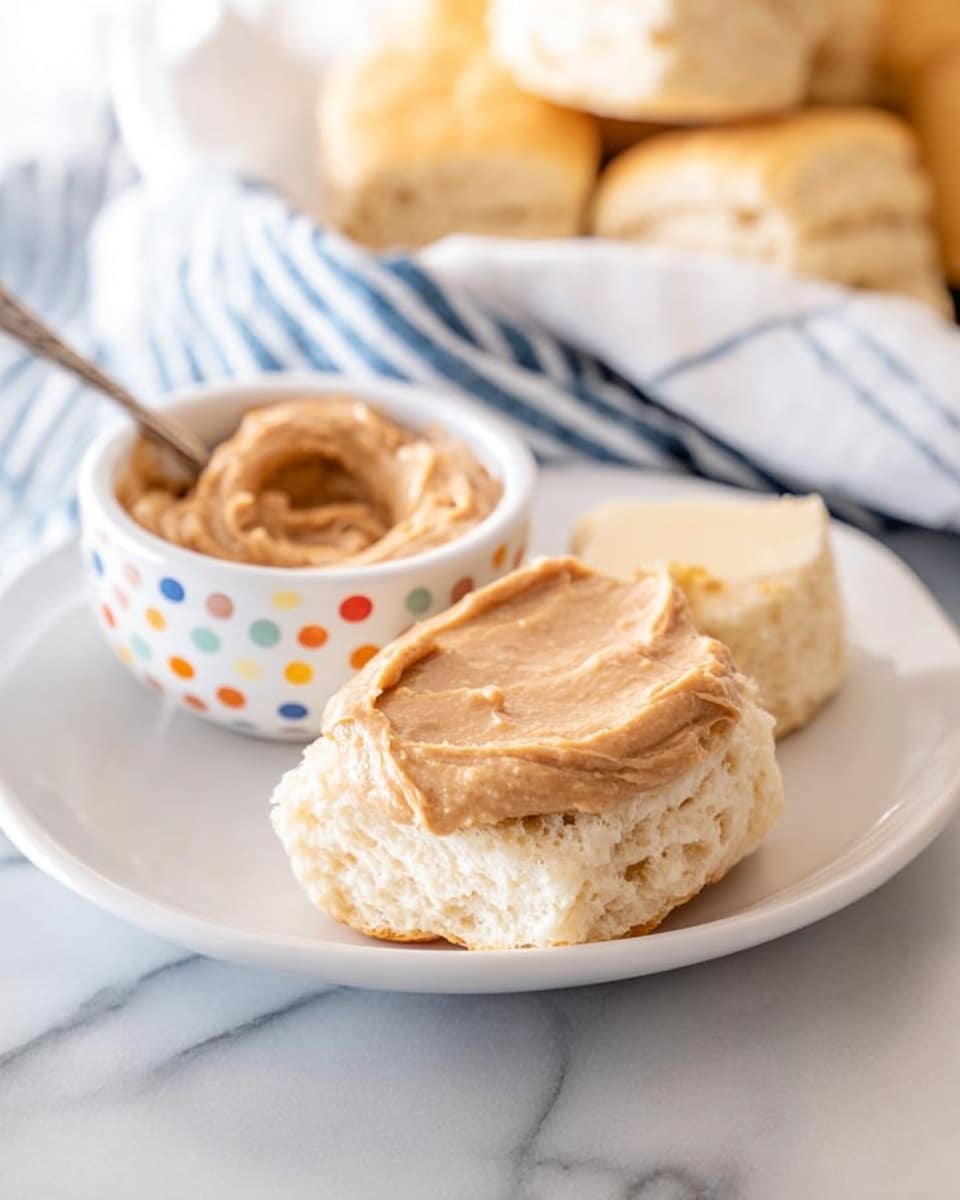 A white plate shows a split soft, fluffy biscuit with a thick layer of light brown cinnamon butter spread smoothly on the top half, while the other half lies empty behind it. In the background on a white marbled surface, there is a small white bowl with colorful polka dots filled with more cinnamon butter and a spoon inside it. Part of a pile of biscuits is blurred behind a white and blue striped cloth, adding a cozy, fresh-baked feel to the scene. The lighting is bright and natural. Photo taken with an iphone --ar 4:5 --v 7