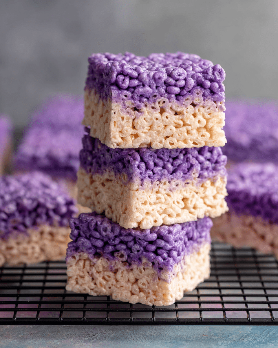 The image shows a close-up of a square-shaped snack bar with two visible layers. The bottom layer is light beige and looks like puffed rice or cereal, while the middle layer is made of a dense, crunchy mix of puffed purple ingredients. The top layer is a smooth, solid purple coating that covers the entire surface of the bar. The bars are placed on a dark cooling rack with a blurred similar bar in the background, and the whole scene is set against a white marbled texture. photo taken with an iphone --ar 4:5 --v 7