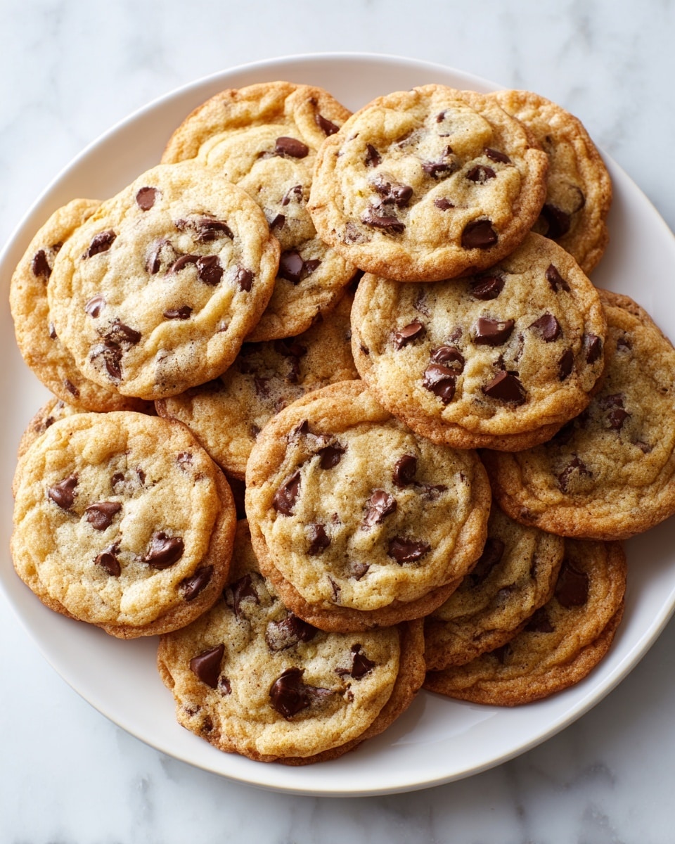 A white plate is filled with a pile of chocolate chip cookies, each cookie showing a rough, slightly cracked surface with golden brown edges and a lighter, softer center. Dark brown chocolate chips are scattered throughout every cookie, some melted slightly and others holding their shape. The cookies overlap each other, creating a layered look with soft, chewy textures visible. The plate rests on a white marbled surface. Photo taken with an iphone --ar 4:5 --v 7