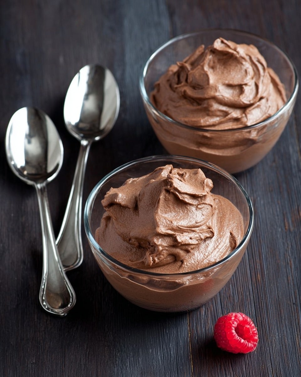 Two clear glass bowls are filled with smooth, light brown chocolate mousse, each showing a soft peak texture on top that looks airy and creamy. The bowls are placed on a dark wooden surface, with two shiny silver spoons lying next to them on the left side. A small bright red raspberry is placed near the bowls on the right side on the dark surface. The image captures the rich texture of the mousse, highlighting its soft peaks and glossy finish. photo taken with an iphone --ar 4:5 --v 7
