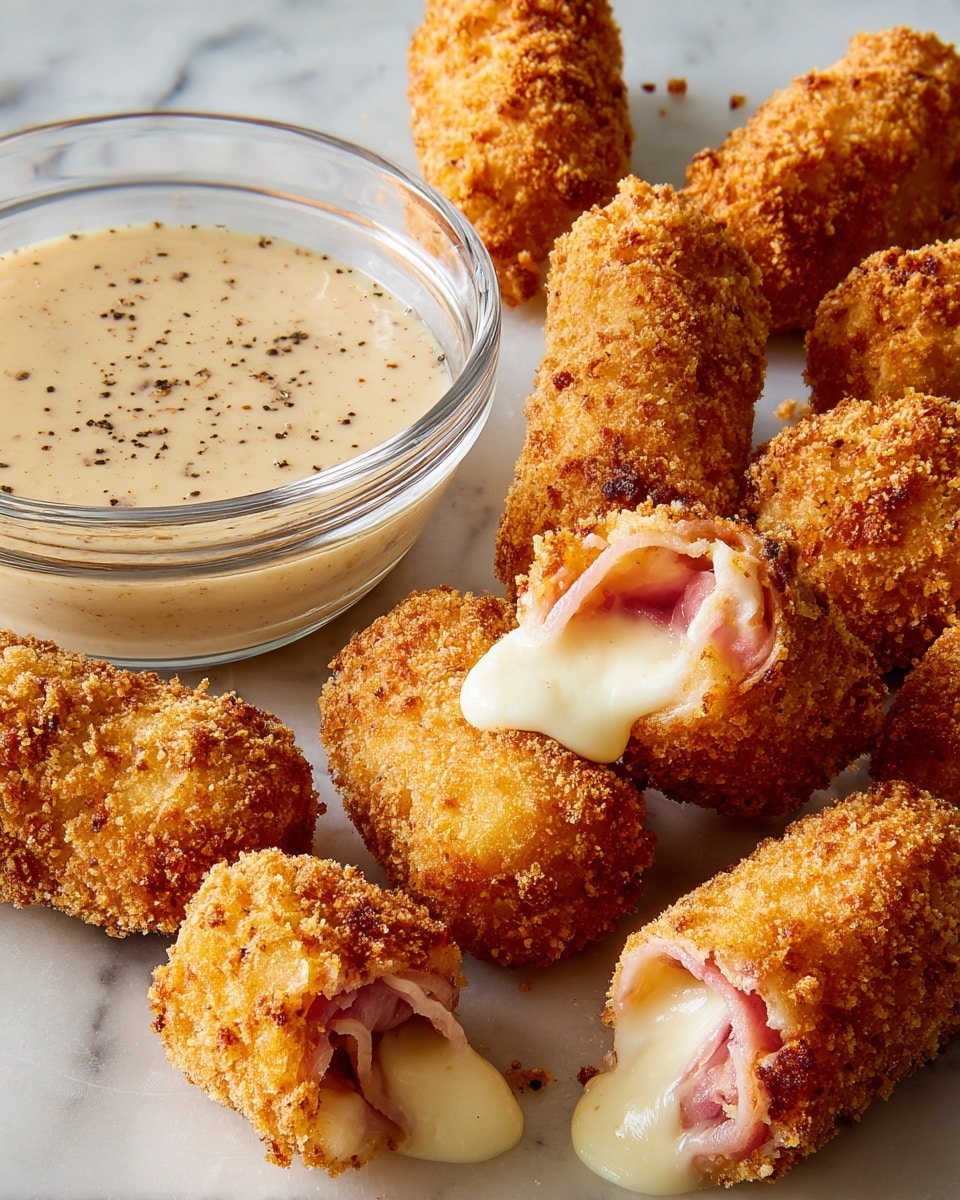 The image shows a group of golden-brown crispy croquettes on a white marbled surface, with one croquette broken open to reveal a melted white cheese layer wrapped in a pink ham layer inside a crunchy, textured outer coating. The croquettes are arranged around a clear glass bowl filled with a smooth, light beige dipping sauce speckled with black pepper. The rough, crumbly texture of the outer layer contrasts with the soft, gooey cheese inside. Photo taken with an iphone --ar 4:5 --v 7