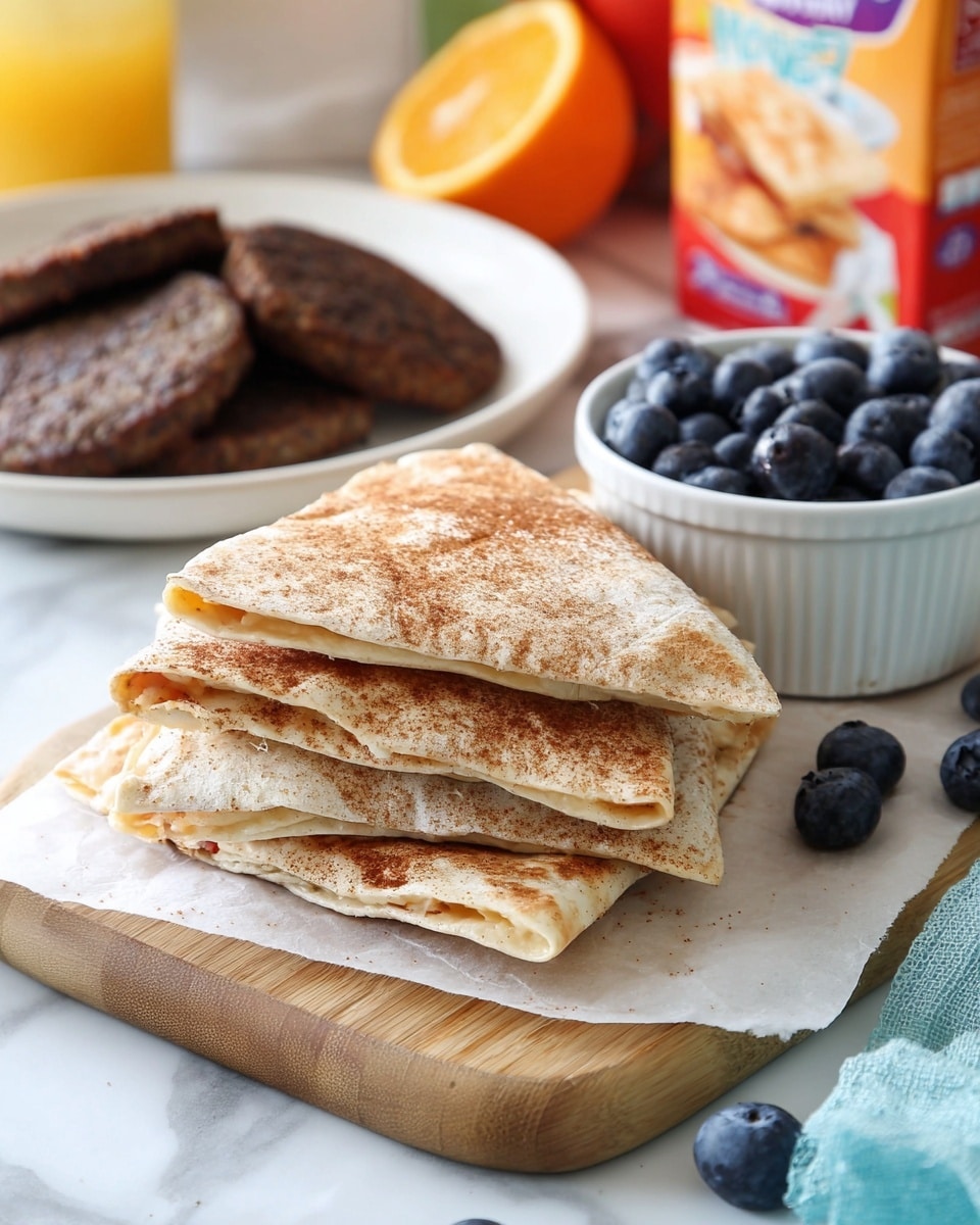 The image shows a stack of five flat, light golden-brown tortillas with a soft, slightly crisp texture, layered on a wooden board lined with white parchment paper. The second layer from the top reveals a filling of creamy peanut butter brownish in color, dotted evenly with dark, round blueberries that peek out from the sides. The top tortilla is sprinkled lightly with a fine cinnamon powder, giving it a speckled light brown dusting. In the background, there are blurry round dark brown sausage patties placed on a white plate set against a white marbled surface. photo taken with an iphone --ar 4:5 --v 7