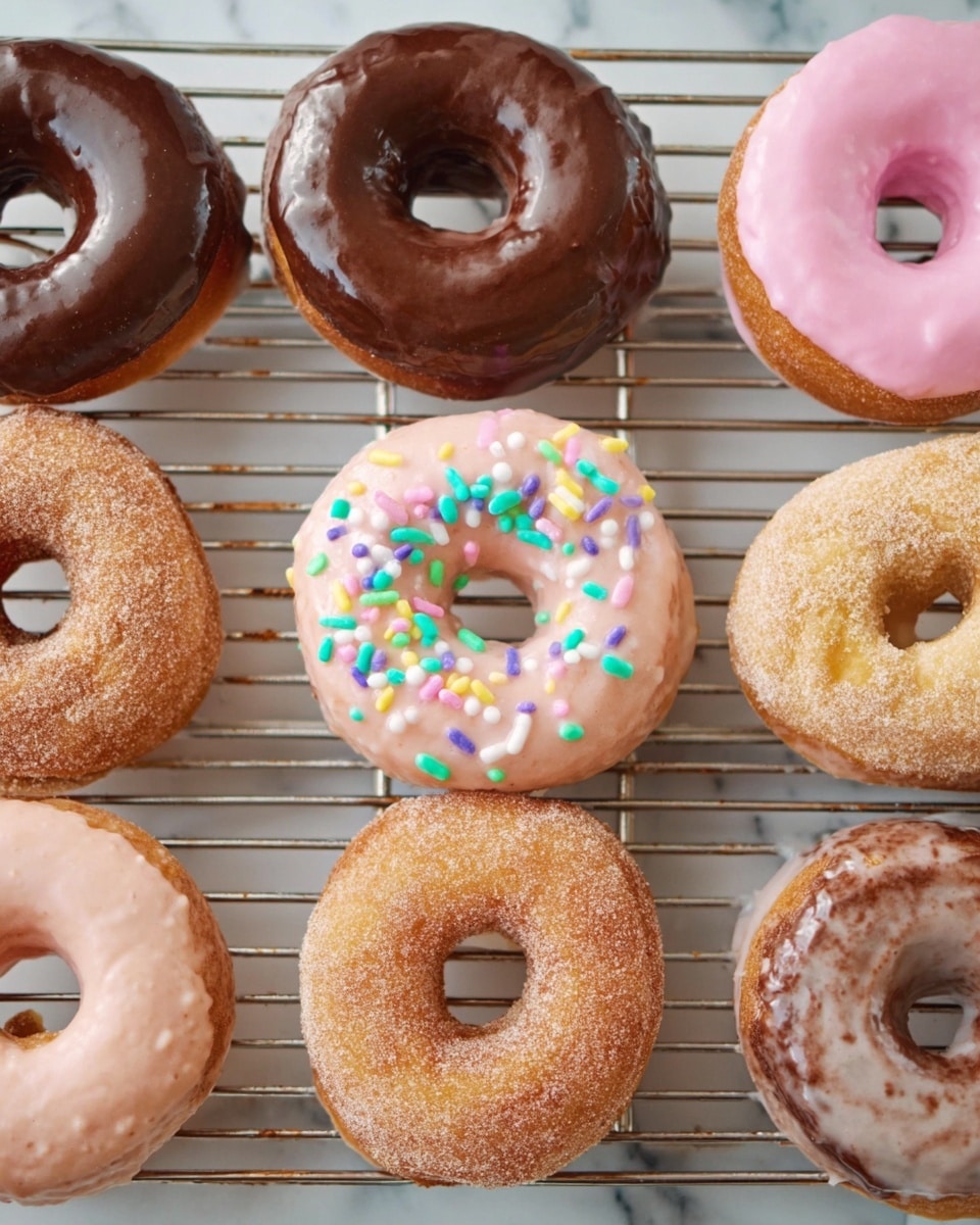 The image shows nine donuts placed on a silver metal cooling rack over a white marbled surface. There are three types of donuts: some have a smooth, shiny chocolate glaze in dark brown; others have a smooth light pink icing topped with small, round colorful sprinkles in yellow, green, purple, orange, blue, and white; and the rest have a light glaze that looks shiny and slightly rough. One donut has a coating of cinnamon sugar in light brown. The donuts are round with holes in the center, and the colors mix softly with the golden brown of the fried dough edges. photo taken with an iphone --ar 4:5 --v 7