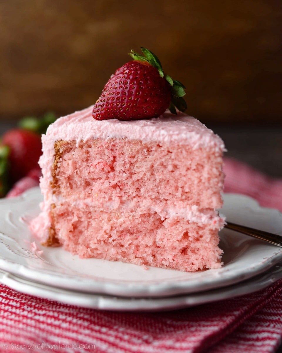 A slice of pink strawberry cake with two layers is shown on a white plate with delicate edges. The cake layers have a soft, crumbly texture with light pink coloring. Between the layers and covering the top is a thick, creamy pink frosting, which appears smooth and fluffy. A whole red strawberry with green leaves sits on top as decoration. The plate rests on a red and white checkered cloth, and the background has a warm, brown tone blurred softly behind the cake. photo taken with an iphone --ar 4:5 --v 7